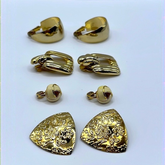 Gold Tone Clip on earrings! 4 Pair oval hoop, square, round and Triangle! Clip - Picture 11 of 12